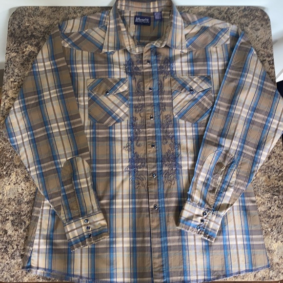 Vintage Wrangler Western Tan Embroidered Long Sleeve Blue Snap Button Shirt Sz L - Picture 4 of 16